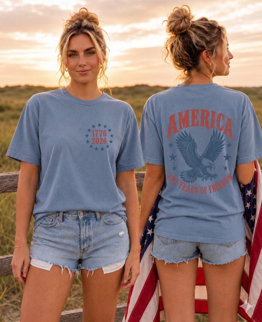America 250 Eagle Tee — Washed Denim colorway, back print: AMERICA eagle with 250 YEARS OF FREEDOM