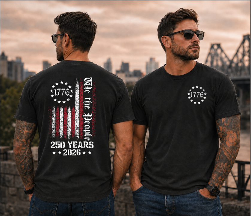 We The People 250 Tee — Black colorway, back print: We the People distressed flag with 250 YEARS 2026